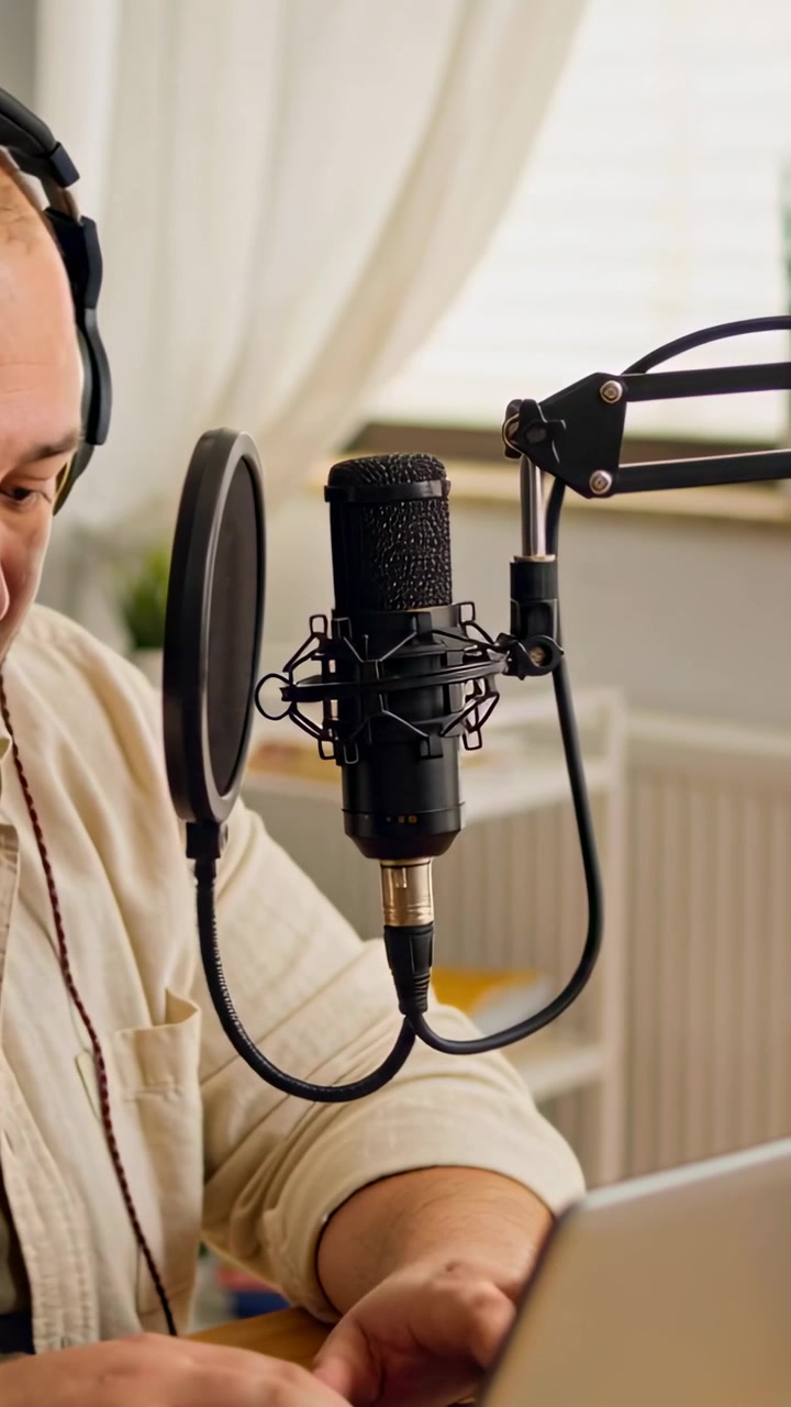 Vertikal video: Podcaster i beige top tager headset på, læner sig mod mikrofonen derhjemme og optager på bærbar computer