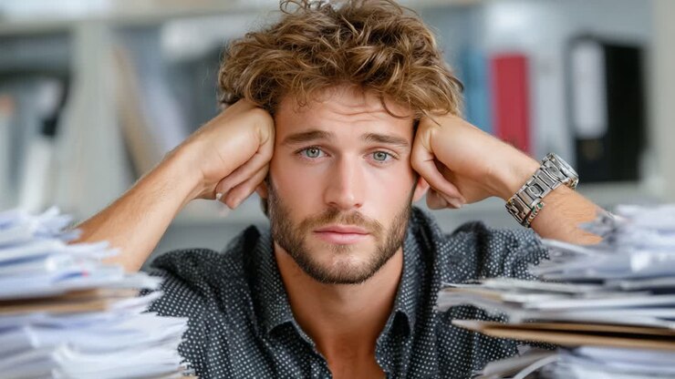 Un giovane uomo appare sopraffatto e stressato al lavoro, circondato da una pila caotica di carte e documenti, che riflette le pressioni della sua vita professionale