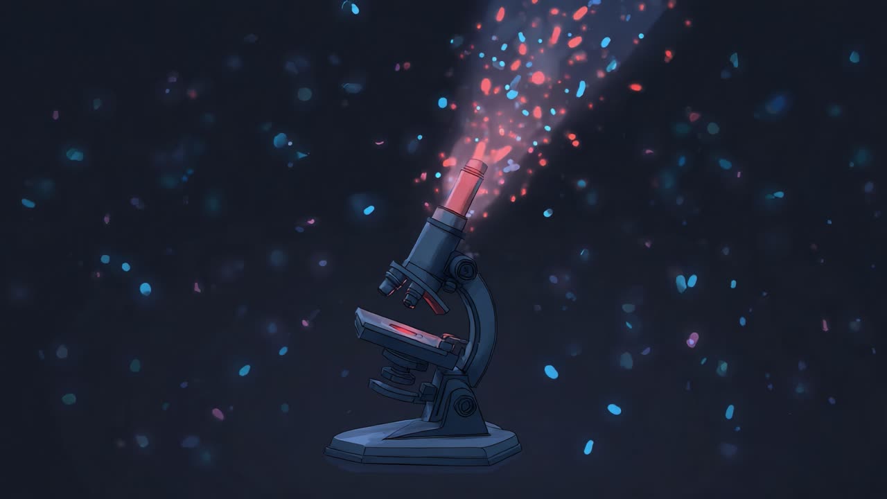 A vibrant depiction of a microscope casting colorful particles into the air, symbolizing scientific exploration, discovery, and the intricate beauty of microscopic worlds illuminated by light