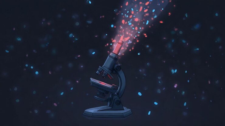 A vibrant depiction of a microscope casting colorful particles into the air, symbolizing scientific exploration, discovery, and the intricate beauty of microscopic worlds illuminated by light