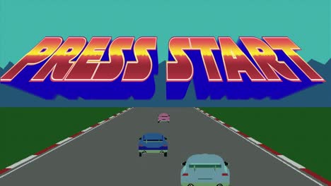 Animation-of-press-start-text-over-screen-with-car-race-video-game