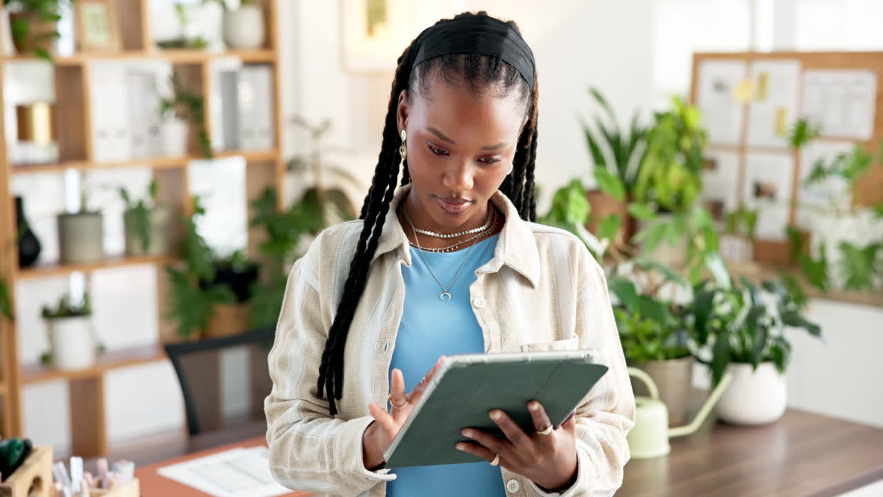 Young Black Woman Using Digital Tablet in Modern Office