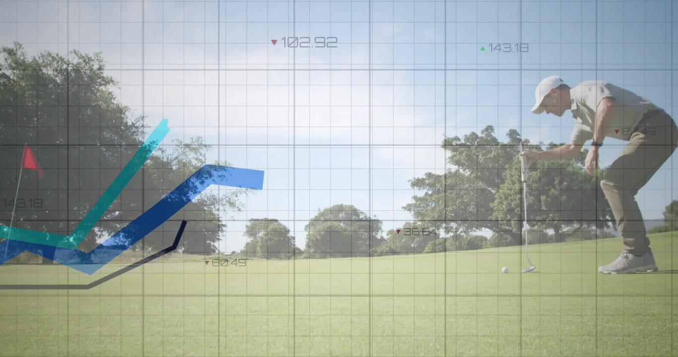 Griglia di analisi del golf che traccia la pendenza che appare mentre il golfista si china per leggere il putt con linee di grafico in aumento.