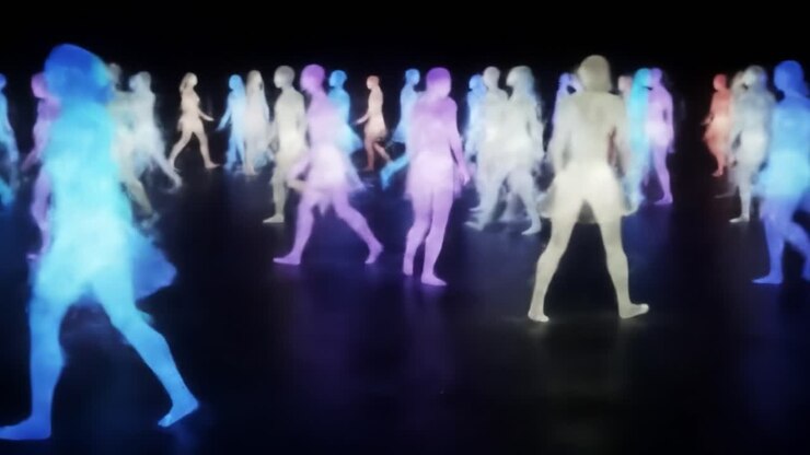 Digital Human Figures in Motion: A Vivid Display of Colorful, Ethereal Shadows Capturing a Dynamic Collective Movement in a Futuristic Setting