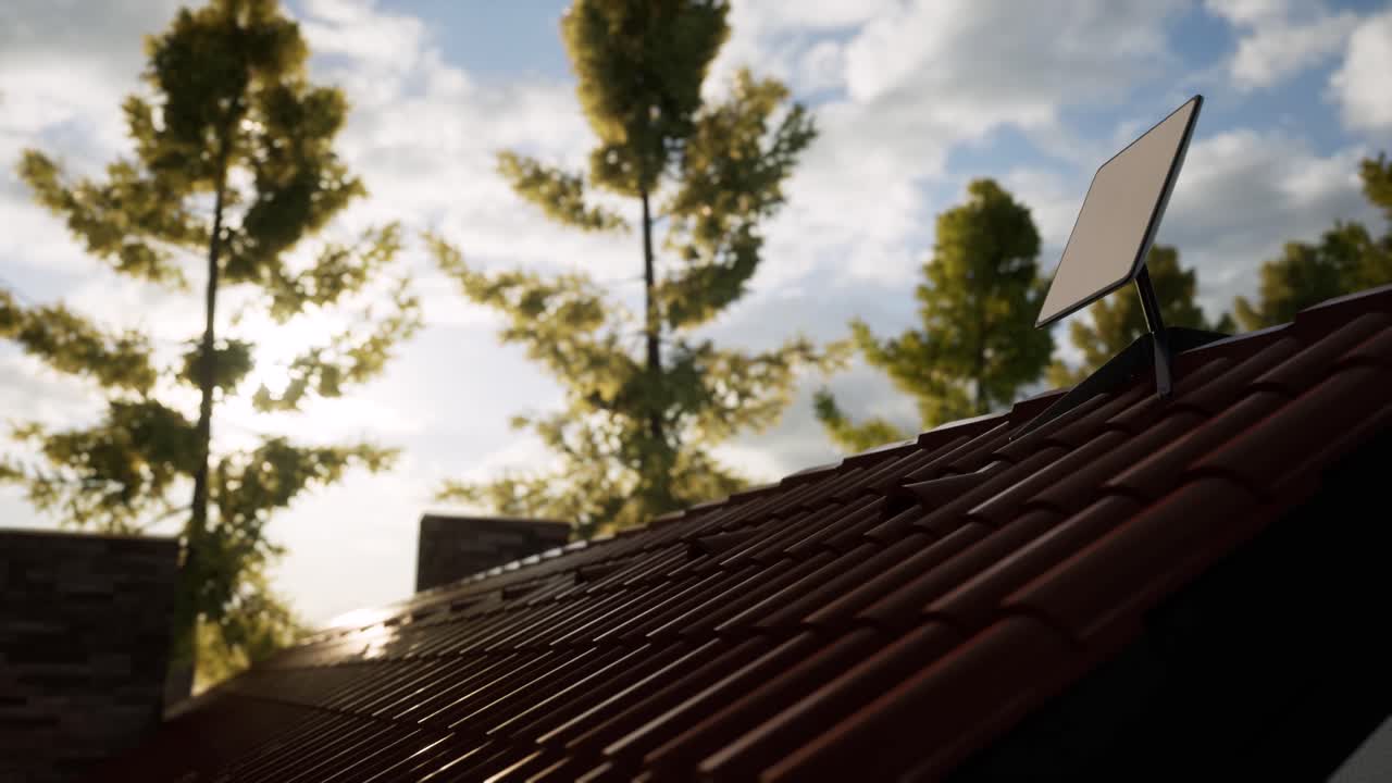 시골 집의 울타리에 위성 인터넷 수신기 접시의 3d 애니메이션.