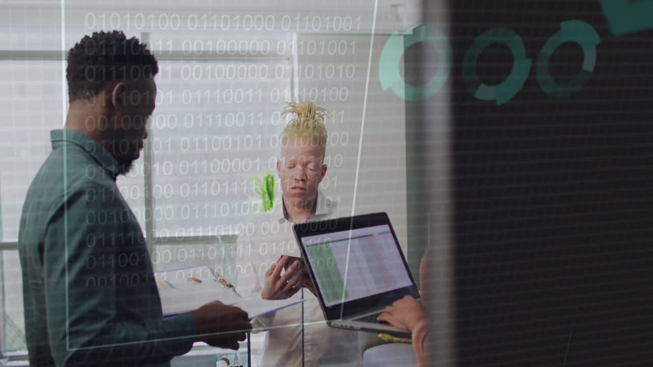 Animation of data processing over diverse business people in office