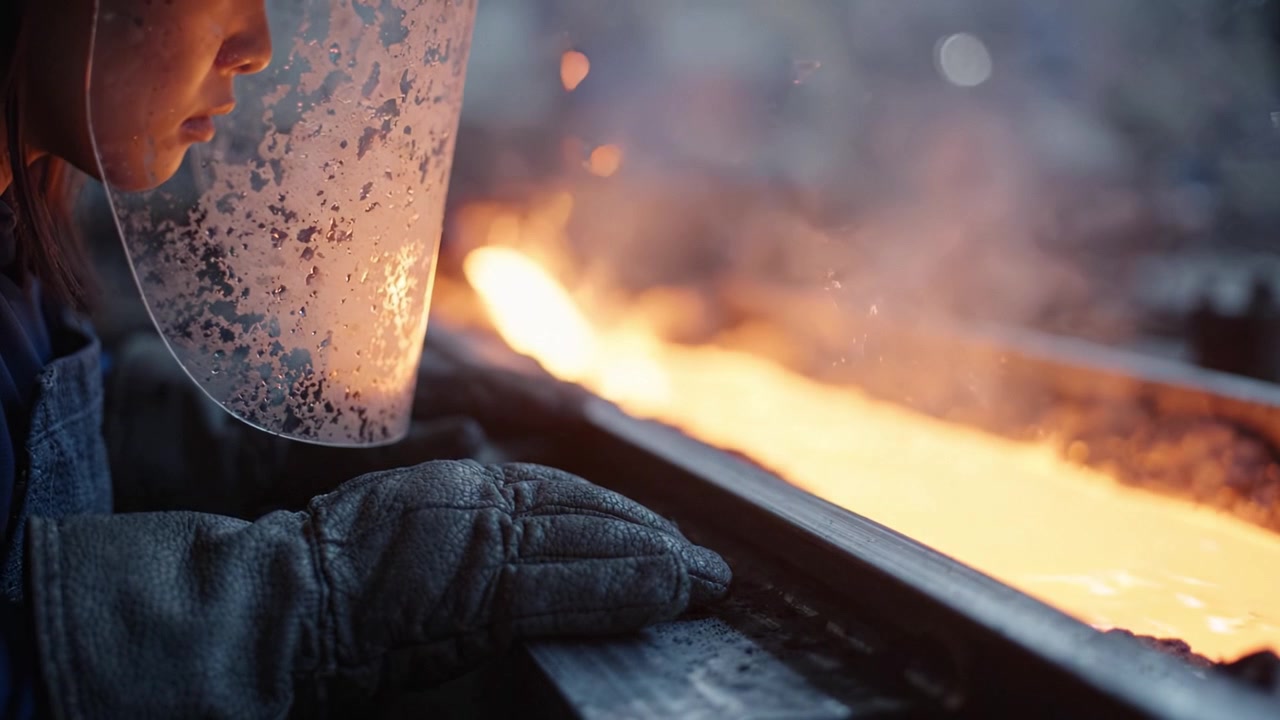 Un operaio concentrato supervisiona il flusso di metallo fuso in un contesto di produzione, mostrando l'intensità e la precisione richieste nelle operazioni di lavorazione dei metalli ad alta temperatura