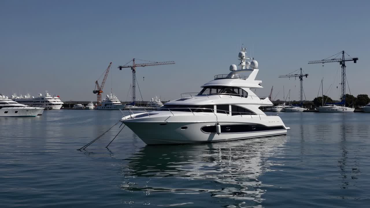 Luxurious white yacht floating near marina, reflecting cloudless sky with industrial cranes silhouetted in background, suggesting urban waterfront landscape