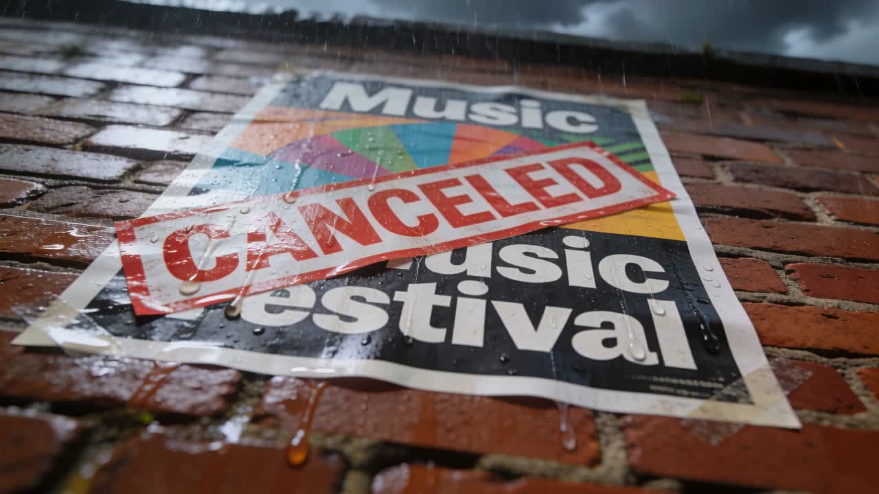 Viser en musikfestivalplakat, der er gennemblødt på en rød murstensvæg med tiltagende regn og et "ANNULLERET"-klistermærke.