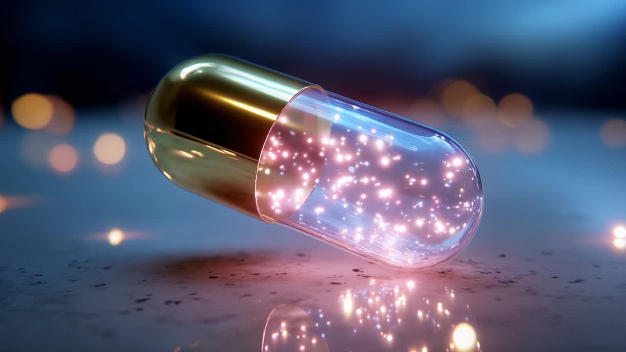A Magical Pill: A Close-Up Look at a Sparkling Capsule Full of Glowing Particles in a Dreamy Atmosphere, Perfectly Blending Science and Fantasy with a Touch of Wonderfulness