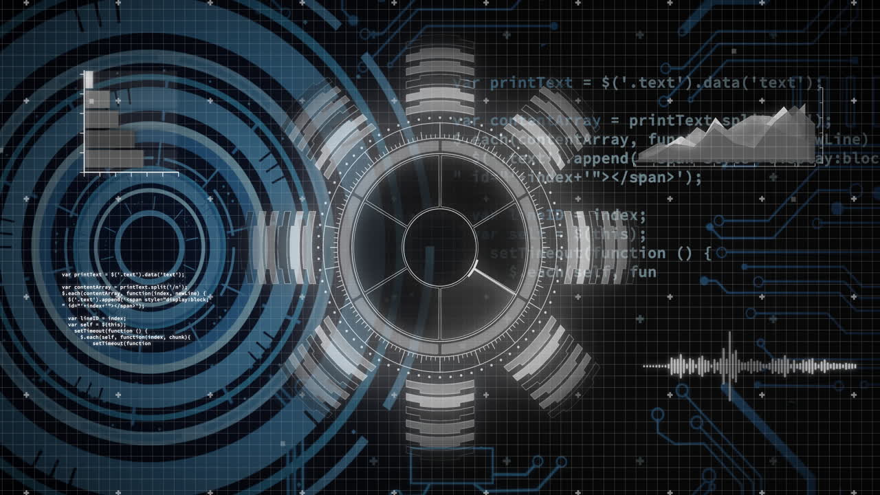 animación de procesamiento de datos futurista a través de interfaz digital con gráficos y códigos