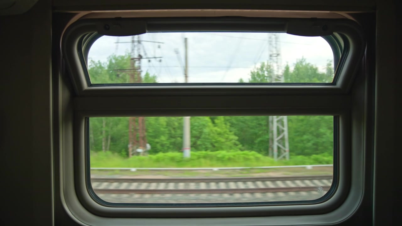 View from a Moving Train Window Passing Green Forest and Railway Tracks