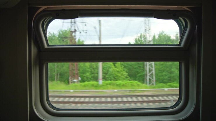 View from a Moving Train Window Passing Green Forest and Railway Tracks