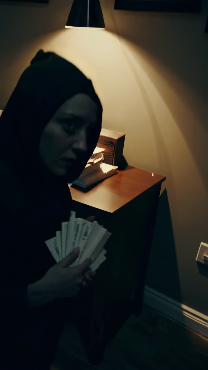 Woman Holding Money in a Dark Office