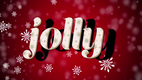 animation of christmas jolly text over snow falling on red background