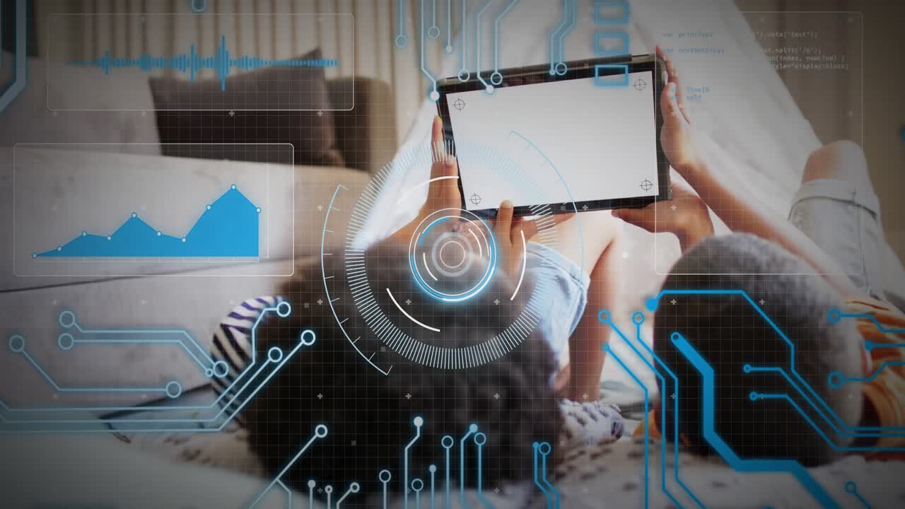 Siblings lying on bed with tablet, tapping lower edge for fun causing tech HUD reticle chart