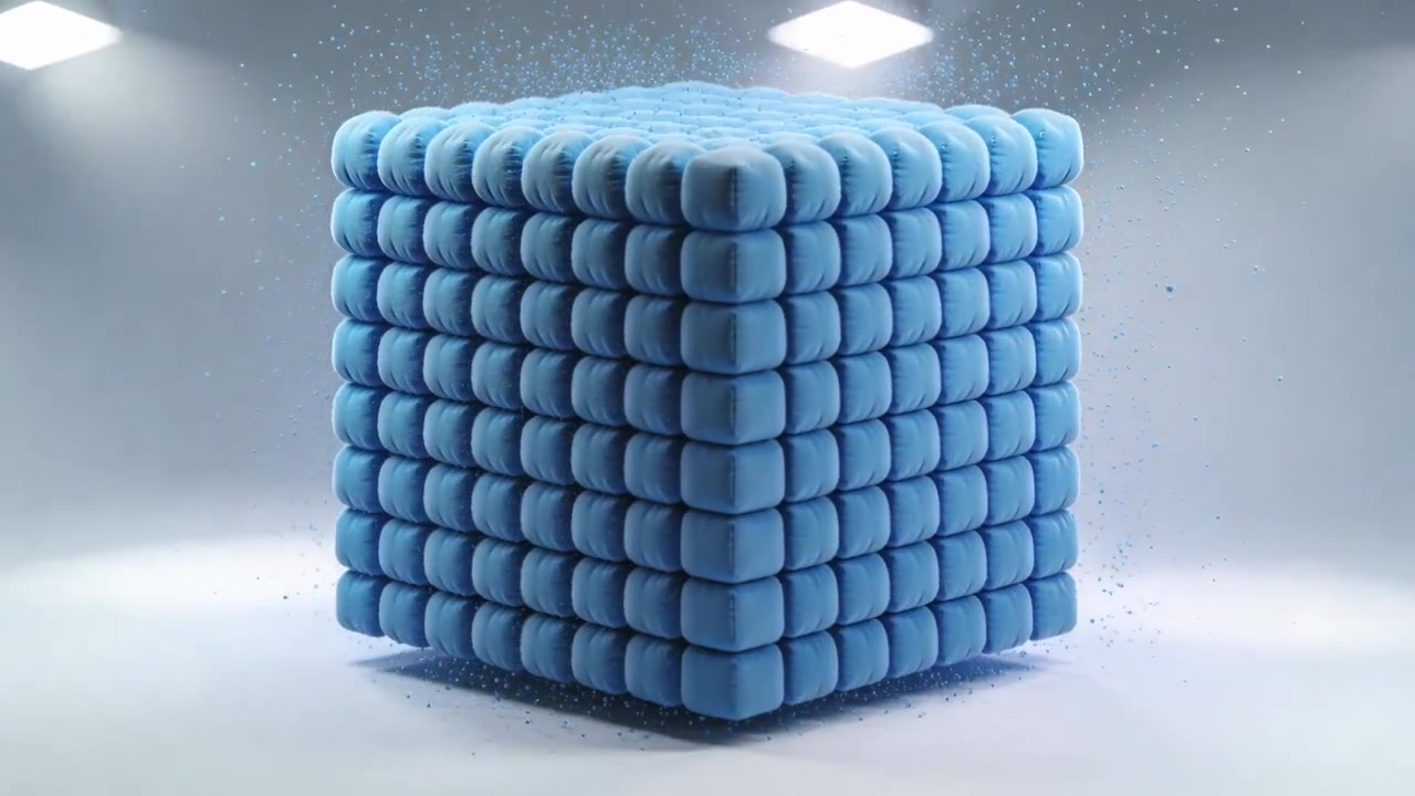 Shifting blue cube in studio reacting to dust gathering, modules compacting into cube under lights