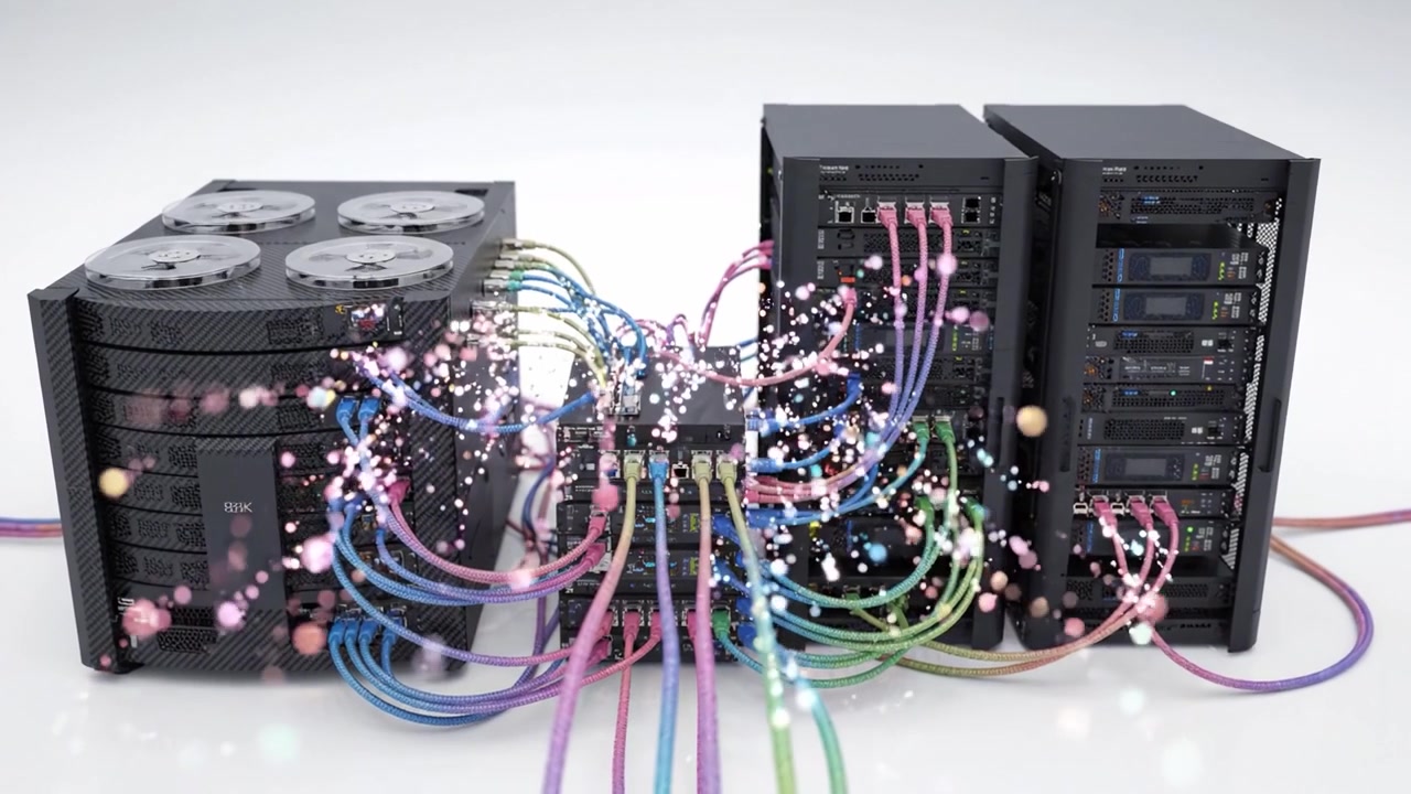 Complex Network of Server Systems with Colorful Cables Displaying Data Flow and Connectivity in a Modern Data Center Environment