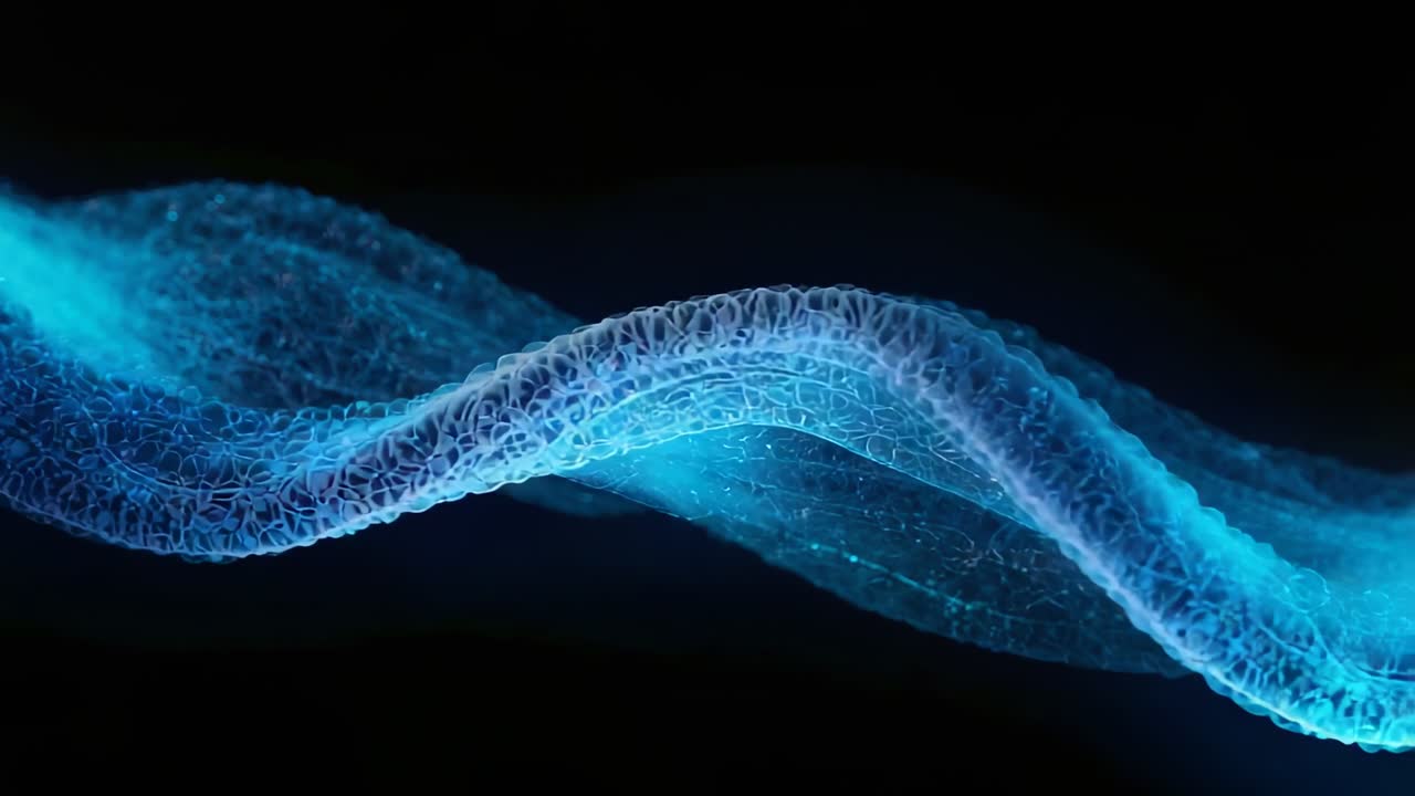 Entering luminous ribbon undulating right across black void, revealing trailing wave and particles
