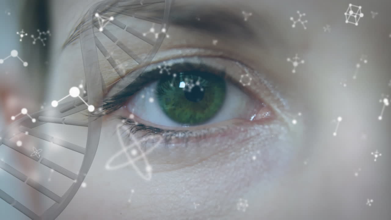 animación de cadena de adn y moléculas sobre el ojo de una mujer caucásica