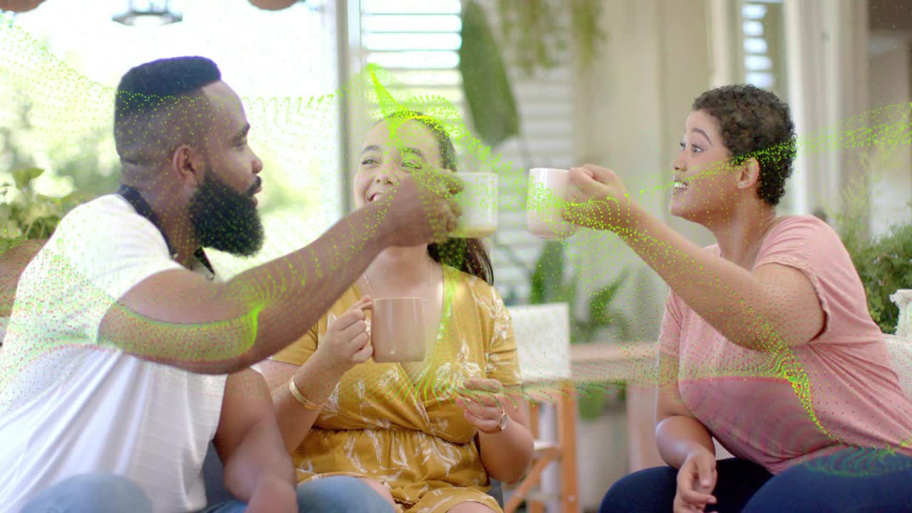 Bearded man extending mug, leading friends toasting for marketing, green wave overlay sweeping mugs