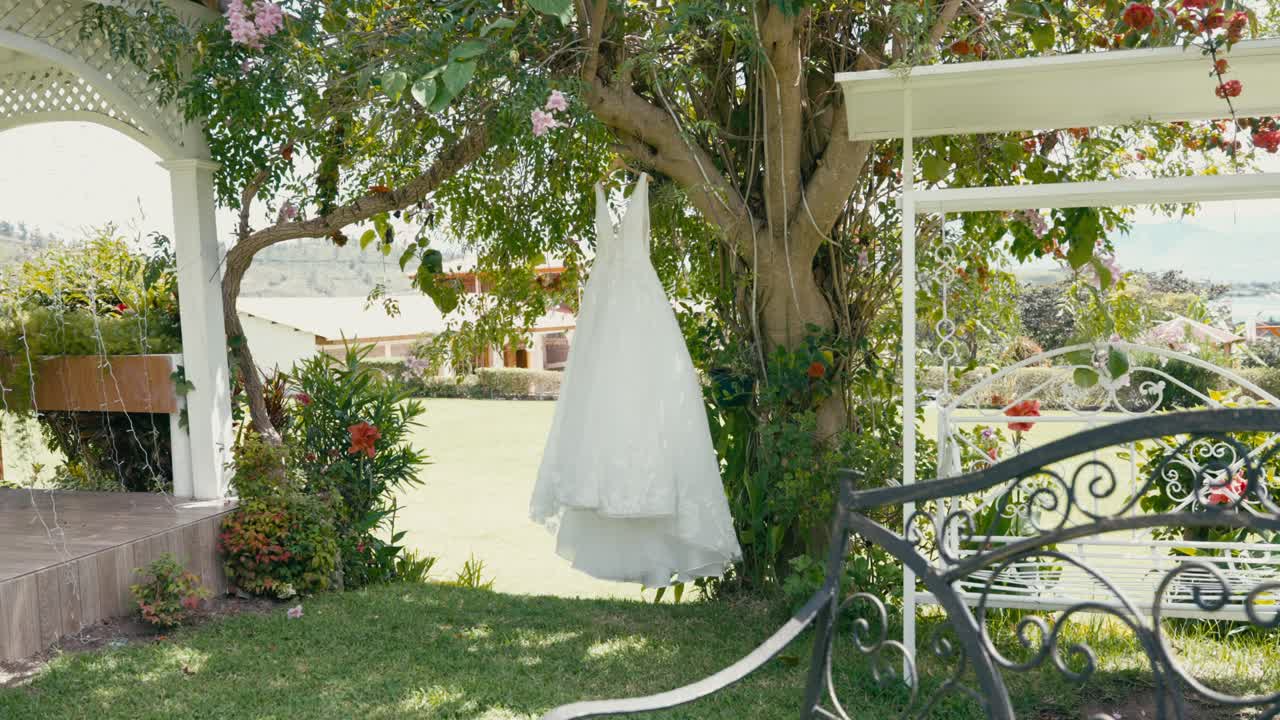 vestido de novia blanco en un árbol