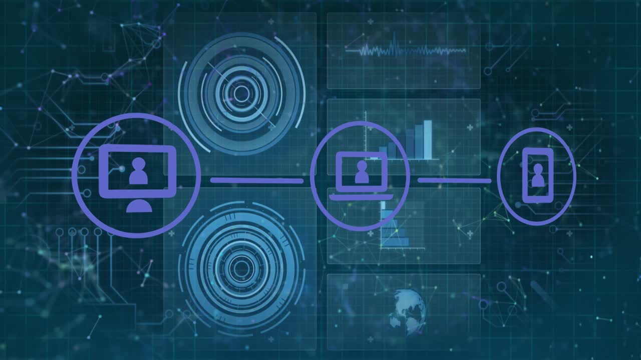 Animation of technology icons over connections and circles on blue background