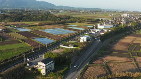 rural countryside of japan, daisen town in tottori prefecture, sunrise aerial