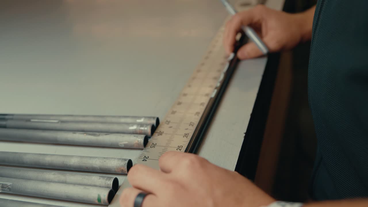 manos masculinas ponen el eje del club de golf en el mostrador para medir con regla y bolígrafo para cortar a la longitud personalizada en el taller en cámara lenta