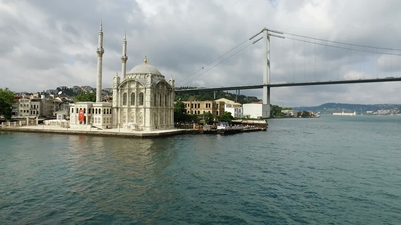 Boğaz Köprüsü ile Ortaköy İstanbul'dan Mecidiye Camii diğer adıyla Ortaköy Camii.