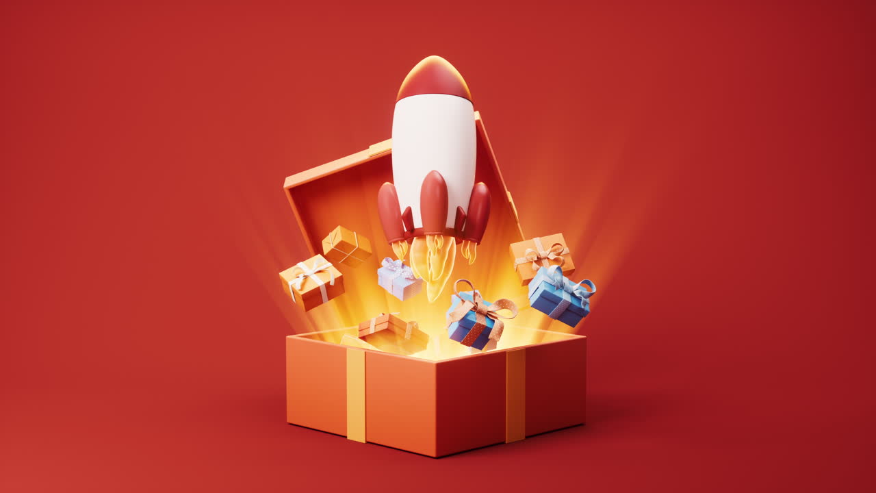 Opening red cartoon style gift box and rocket, 3d rendering.