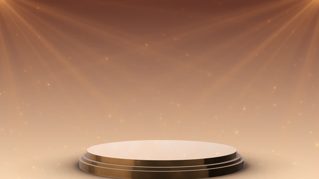 Presentation stage circular golden platform radiant beams enhanced by scattered sparkling particles