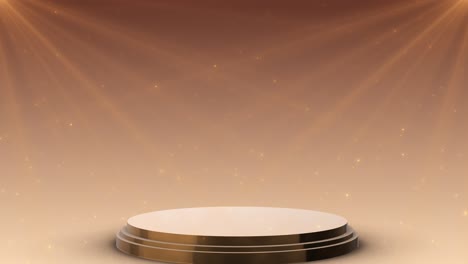 presentation stage circular golden platform radiant beams enhanced by scattered sparkling particles