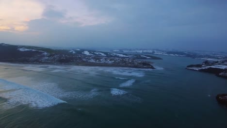 Aerial-of-sea-and-island-at-dusk-4k