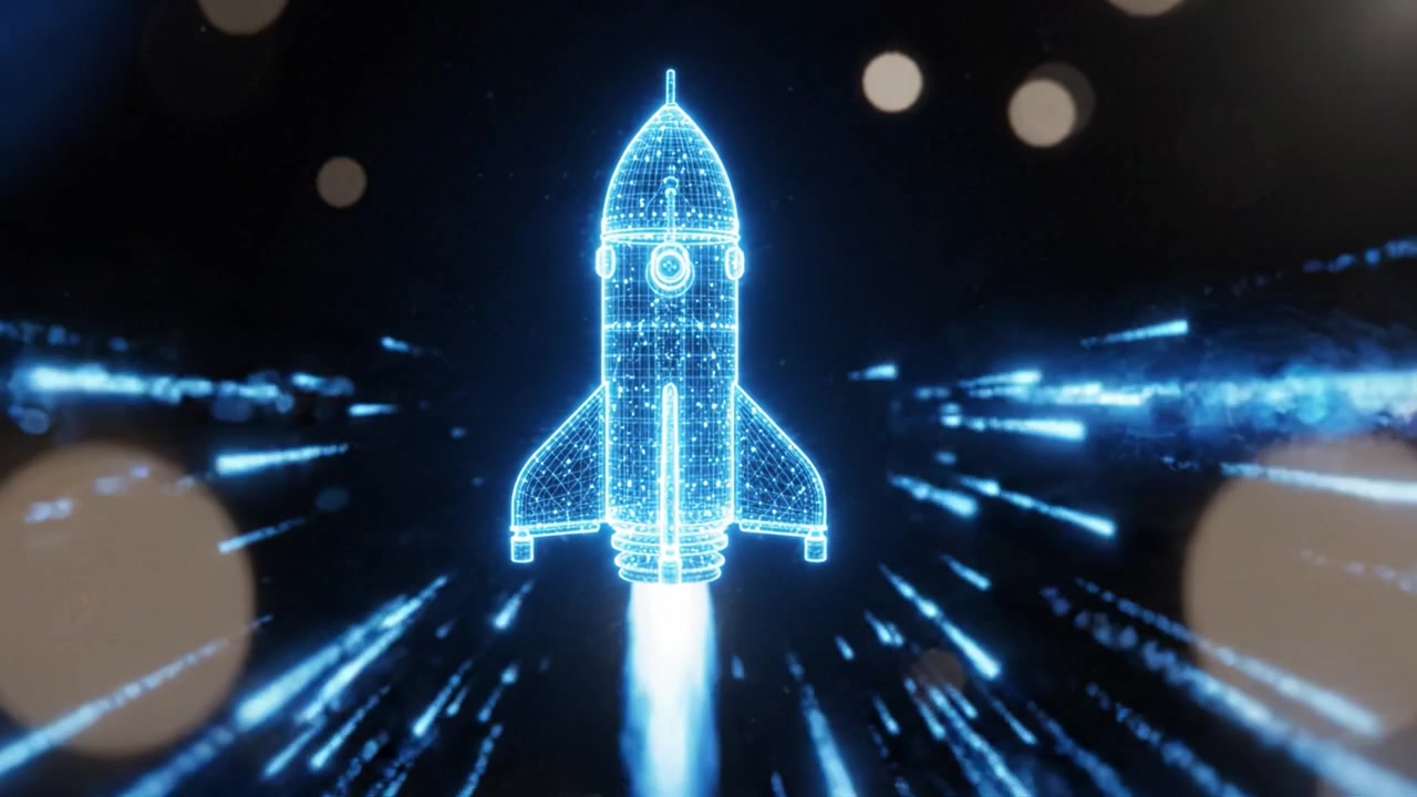 A futuristic blue holographic rocket launching into the cosmos with a dazzling display of lights, symbolizing technological advancement and the exploration of space.