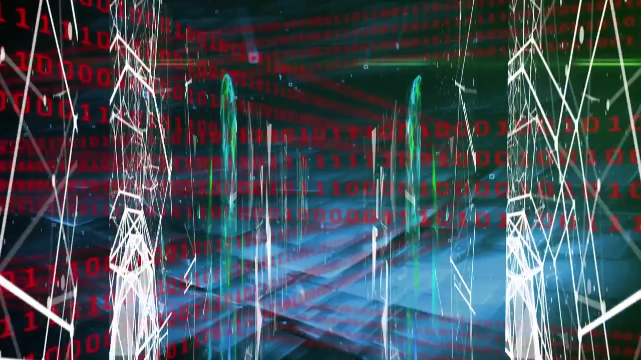 Animation of binary code, shapes and connections on blue and black background
