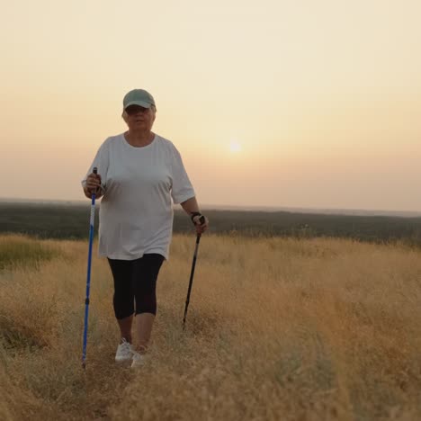 an elderly woman with nordic walking sticks walks forward through a scenic spot 1