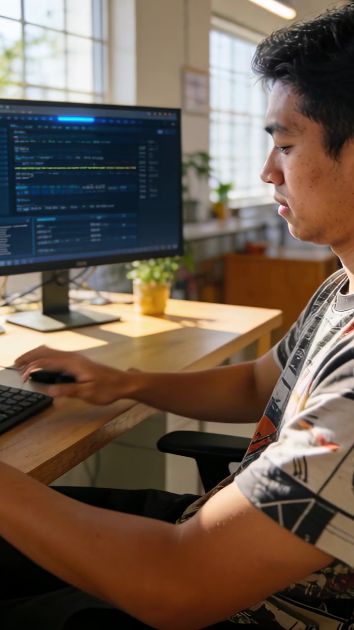 Vertical video: Mousing man typing keys and checking data at desk after screen swap, copy space