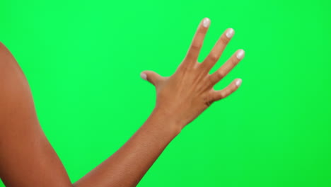 scroll, gesture and hand on green screen in studio