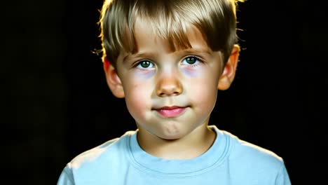 un retrato en primer plano de un niño con ojos verdes y una sonrisa