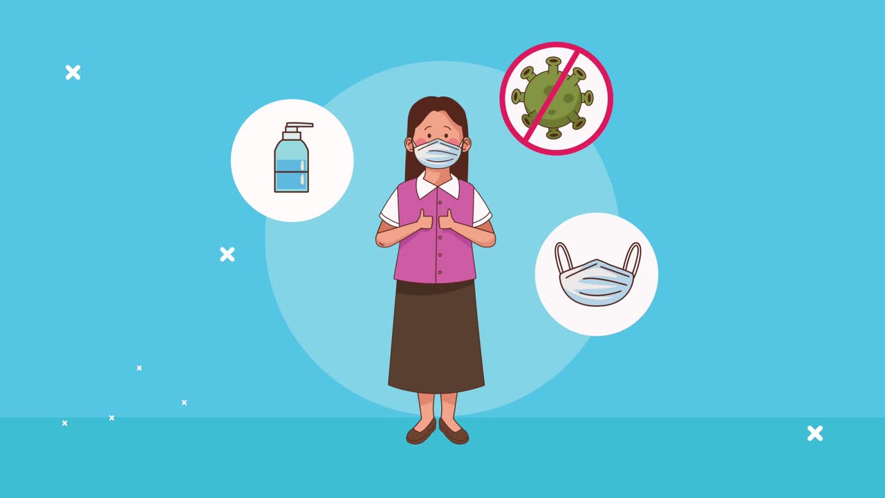 maestro con máscara médica personaje con iconos de prevención de covid-19