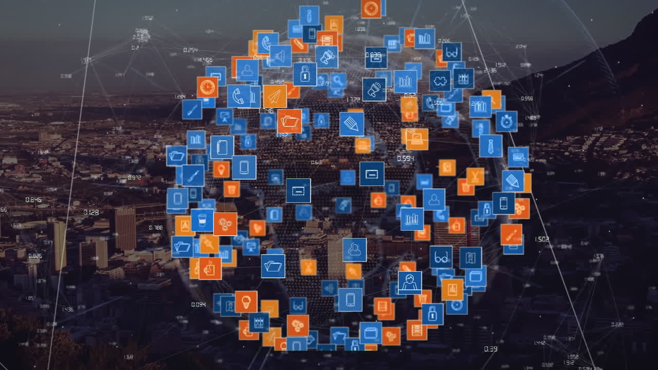 animación de la red de conexiones sobre el paisaje urbano