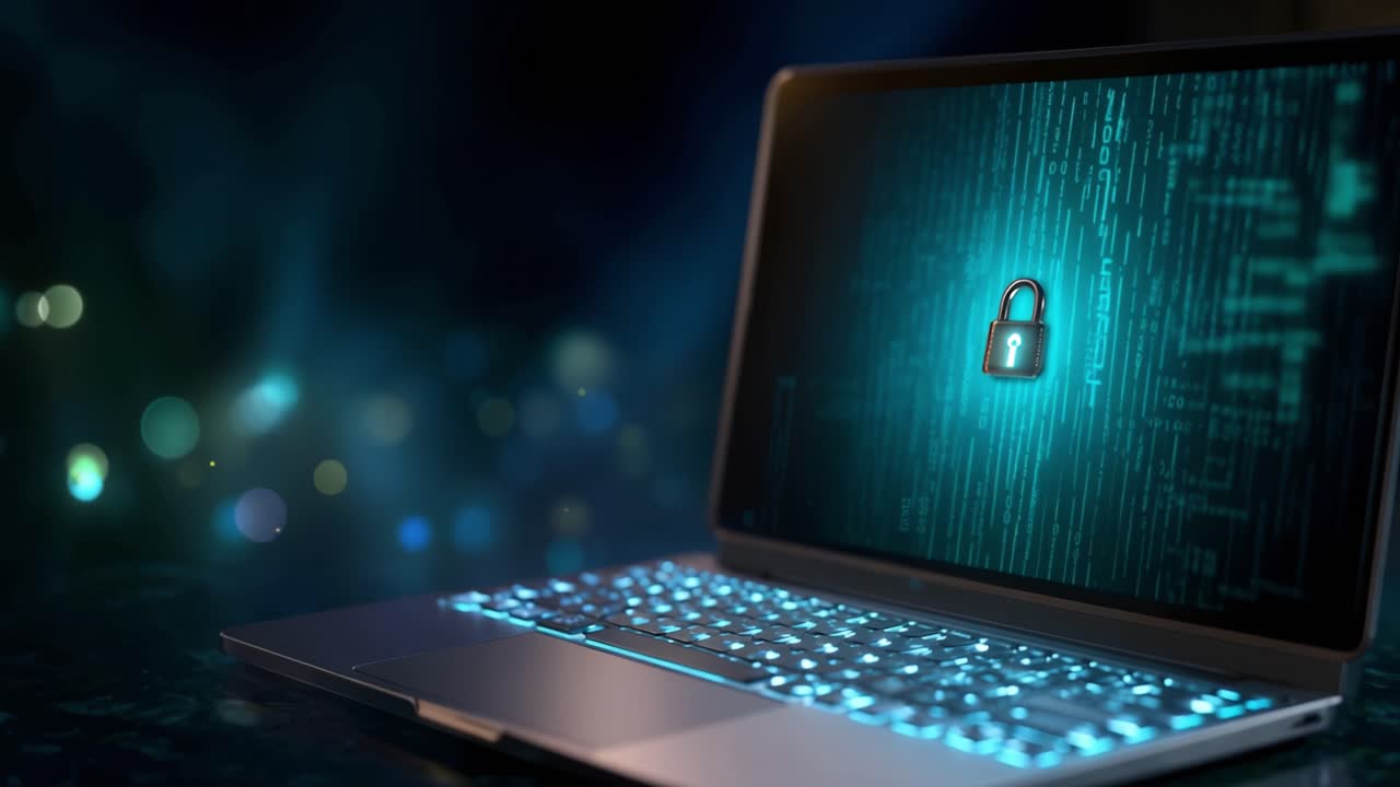 An illuminated laptop displays a glowing padlock symbol on its screen, symbolizing security and encryption amidst a digital backdrop of glowing data streams