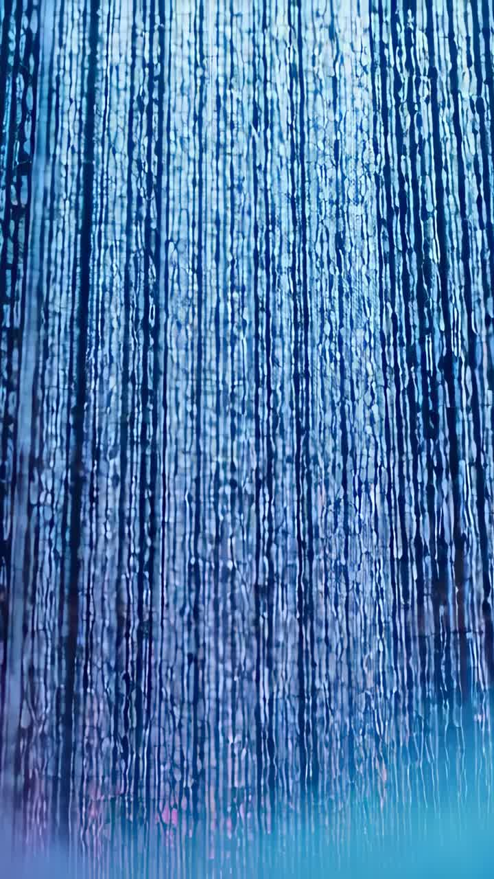 Vertical video: Camera recording water curtain falling, rippling, glowing teal at fountain for mood