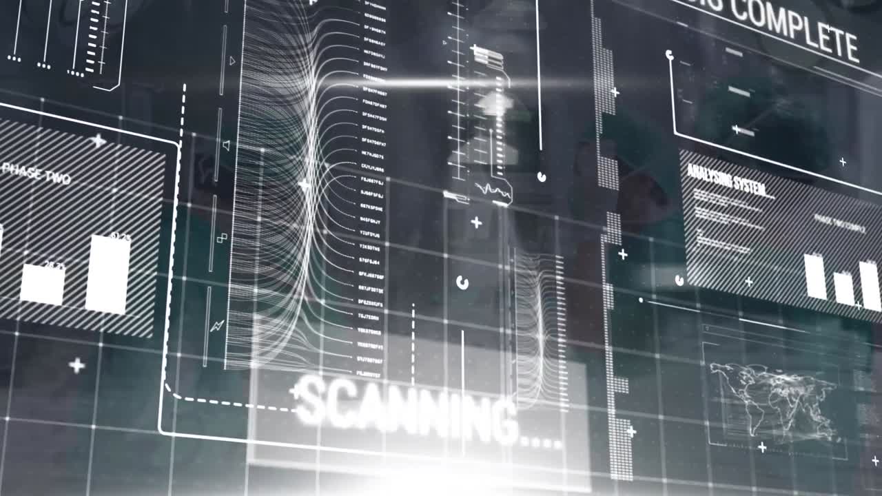 Animation of financial data processing over people walking in city street