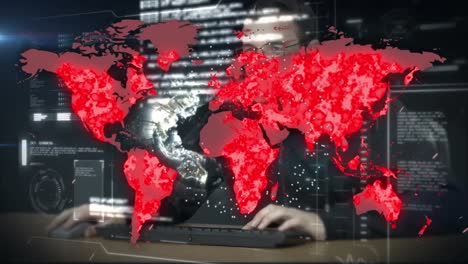 Animation-of-globe-with-world-map-and-data-processing-over-caucasian-male-hacker