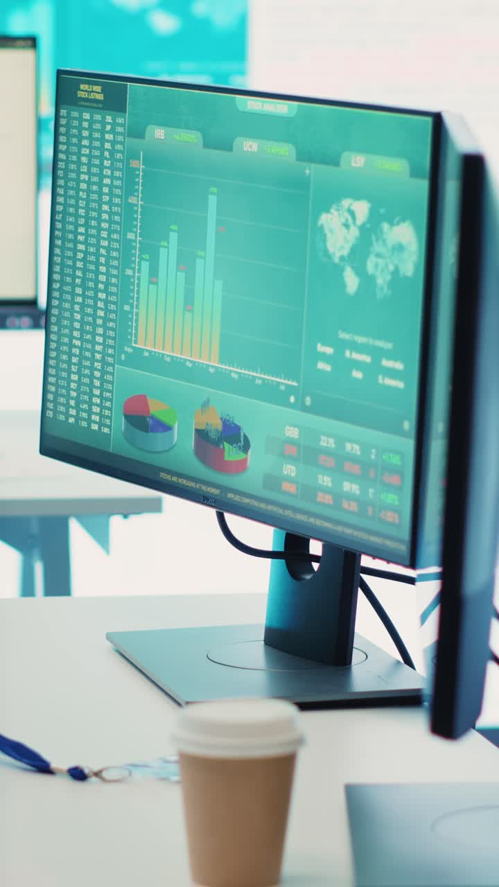 Computer Monitor Displaying Stock Market Data and Financial Charts in Office