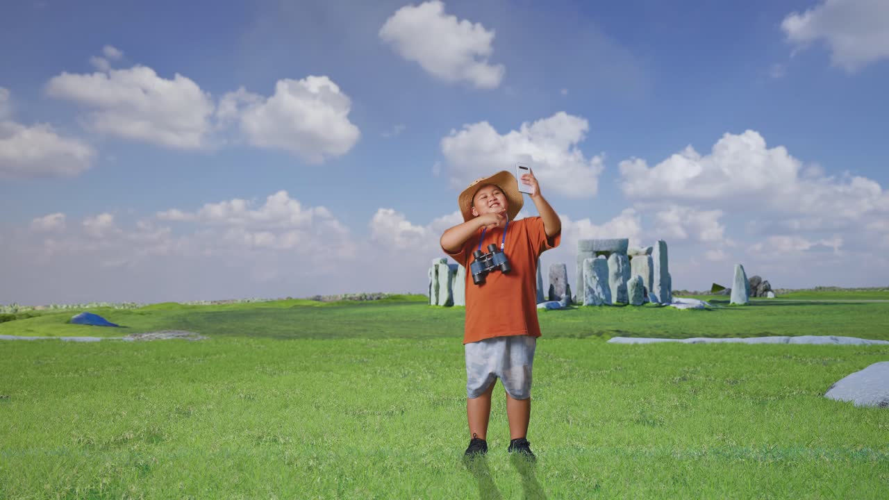 Asian Boy With A Hat And Binoculars Taking A Selfie On Smartphone While Traveling In Stonehenge. Boy Researcher Examines Something, Travel Tourism Adventure, Full Body