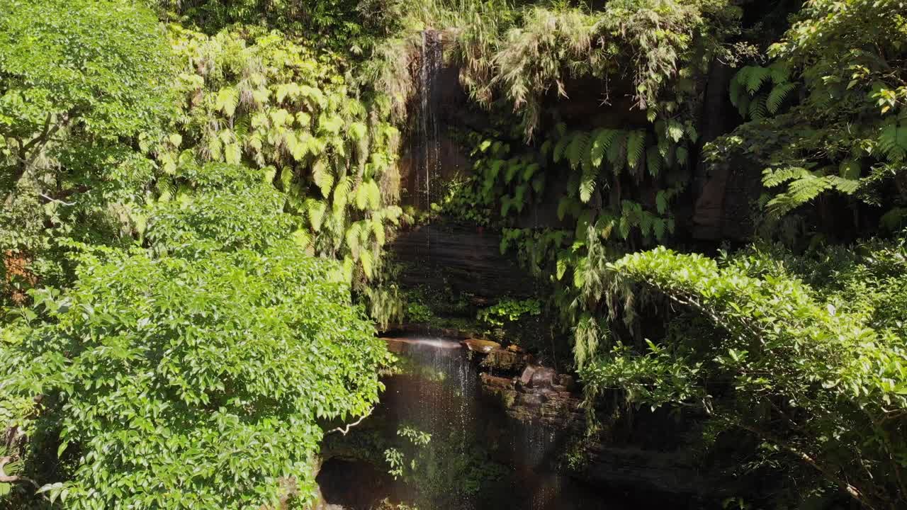 Aerial tilts up lush subtropical Waterfalls of Iriomote Okinawa Japan landscape