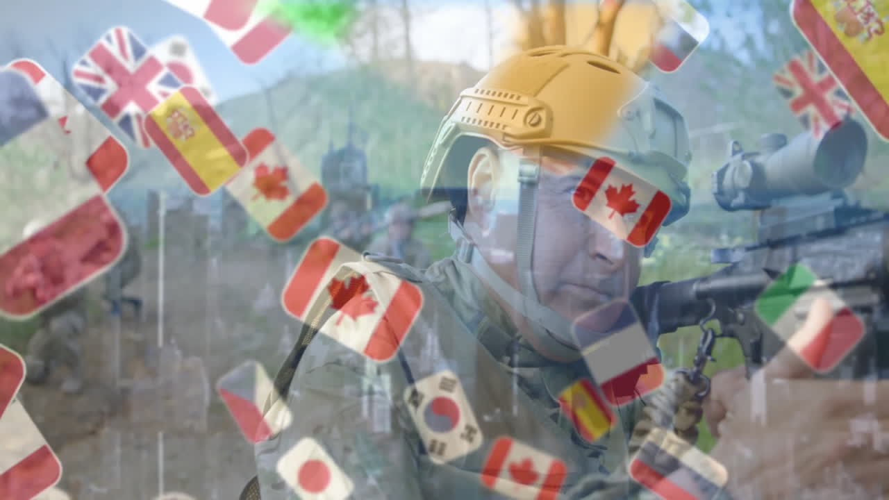 Aiming rifle, soldier with international flags animation overlay in background